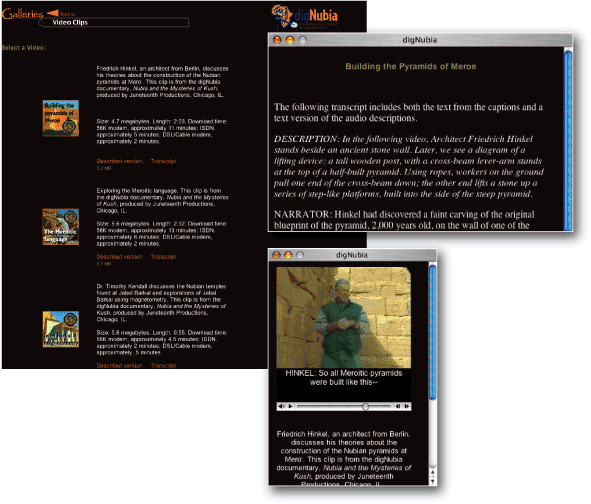 Figure 12.3: Dignubia screenshots: main page, transcript, and captioned and described video