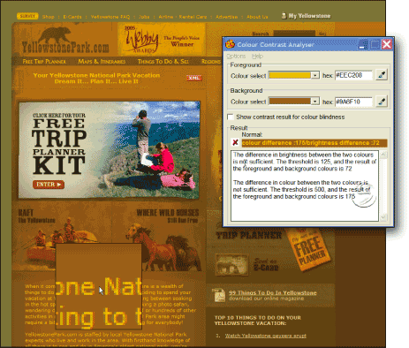 Figure 11.1: YellowstonePark.com screenshot: inset with Colour Contrast Analyser