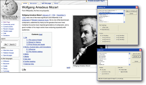 Figure 14.2: Wikipedia screenshot: inset with Links List and Heading List dialog boxes