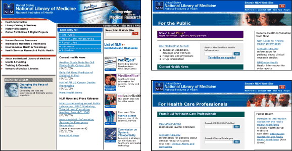 Figure 14.3: National Library of Medicine screenshots: main page, Public, and Health Care Professionals versions