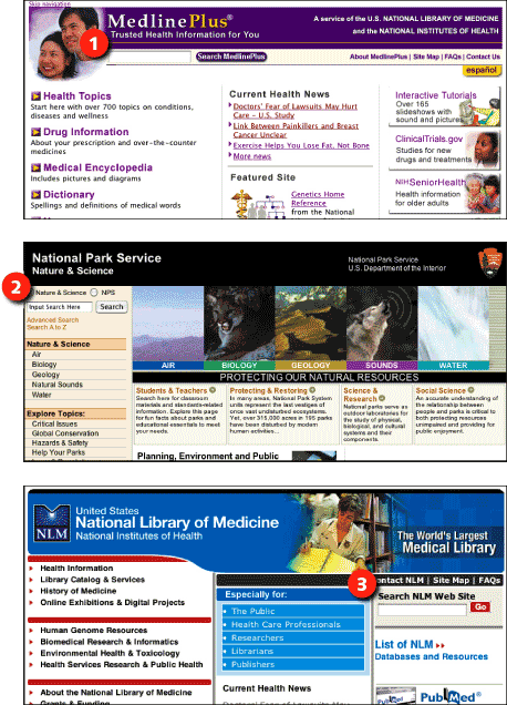 Figure 9.7: MedlinePlus, National Park Service, and National Library of Medicine screenshots