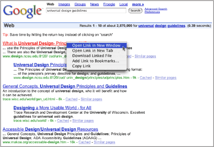 Figure 8: Google screenshot: with browser link menu