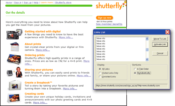 Figure 10.5: Shutterfly screenshot: inset with Link List dialog box