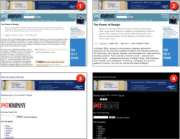 Figure 15.11: Fast Company screenshots: standard and with enlarged text, without styles, and with custom styles