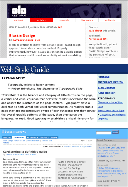 Figure 15.2: A List Apart, Web Style Guide, and Boxes and Arrows screenshots