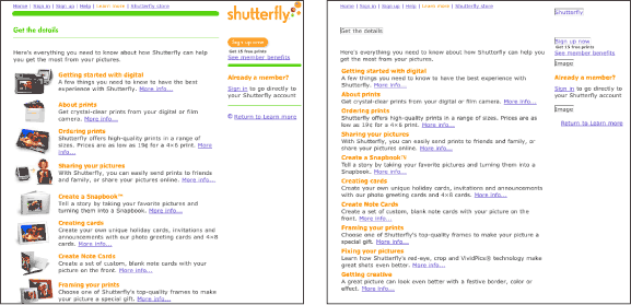 Figure 15.5: Shutterfly screenshot: standard and without images