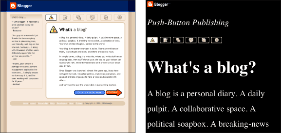 Figure 3.2: Blogger screenshot: standard and with custom style sheet